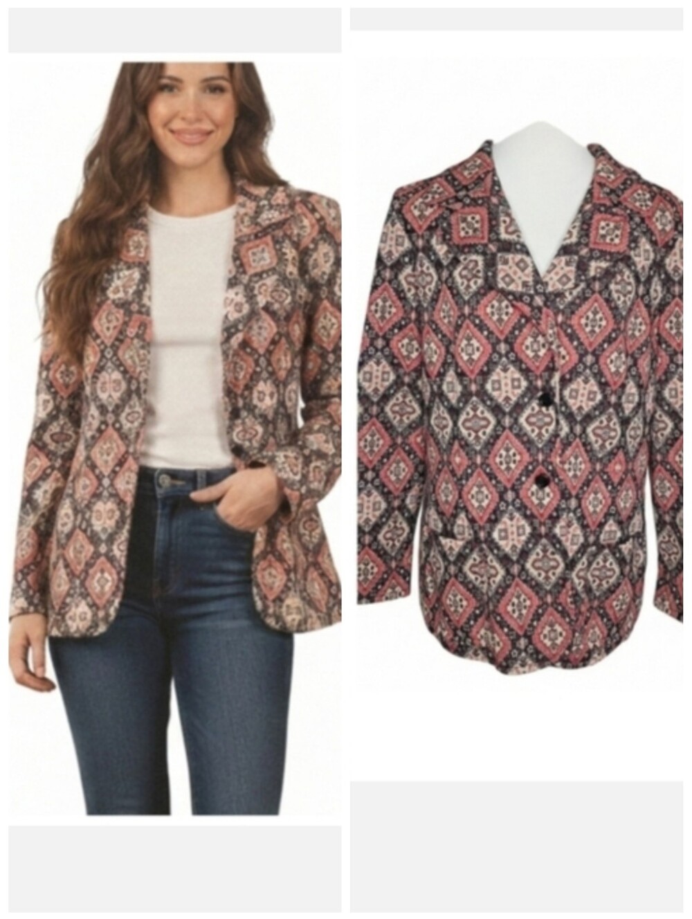 Vintage Women's Diamond Patterned Blazer Jacket size large black orange tan
